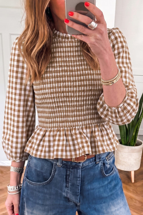 Brown gingham top eta sept