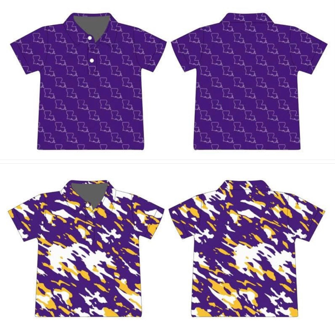 Purple and Gold athletic polos eta August