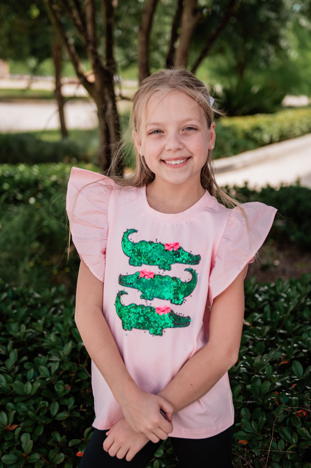 Preppy gator sequin flutter top