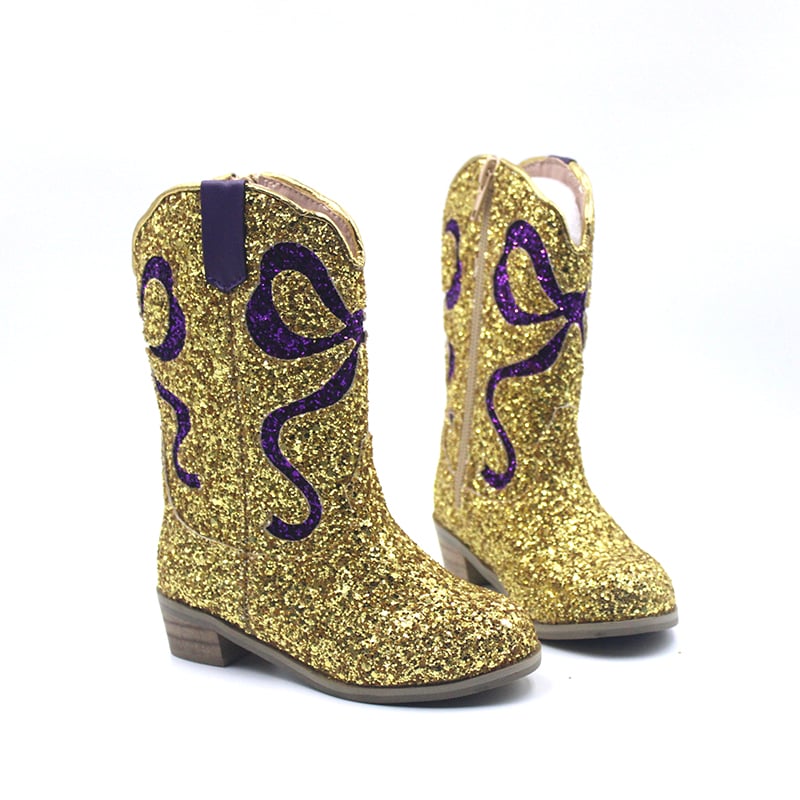 Women’s gold with purple bow boots