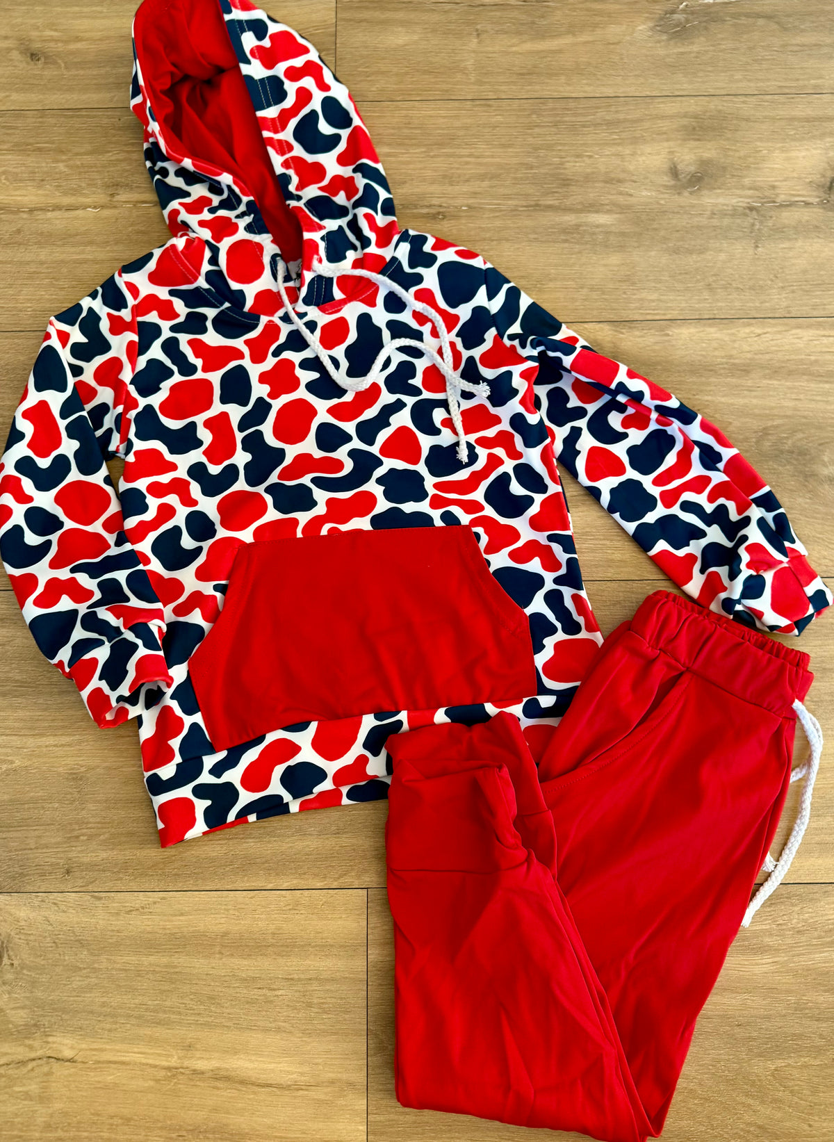 Red and navy camo hoodie set
