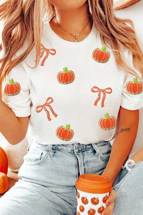 Pumpkin and bow sequin patch tee eta sept