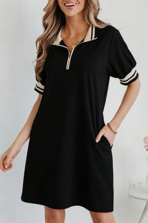 Tan and black collar dress eta august